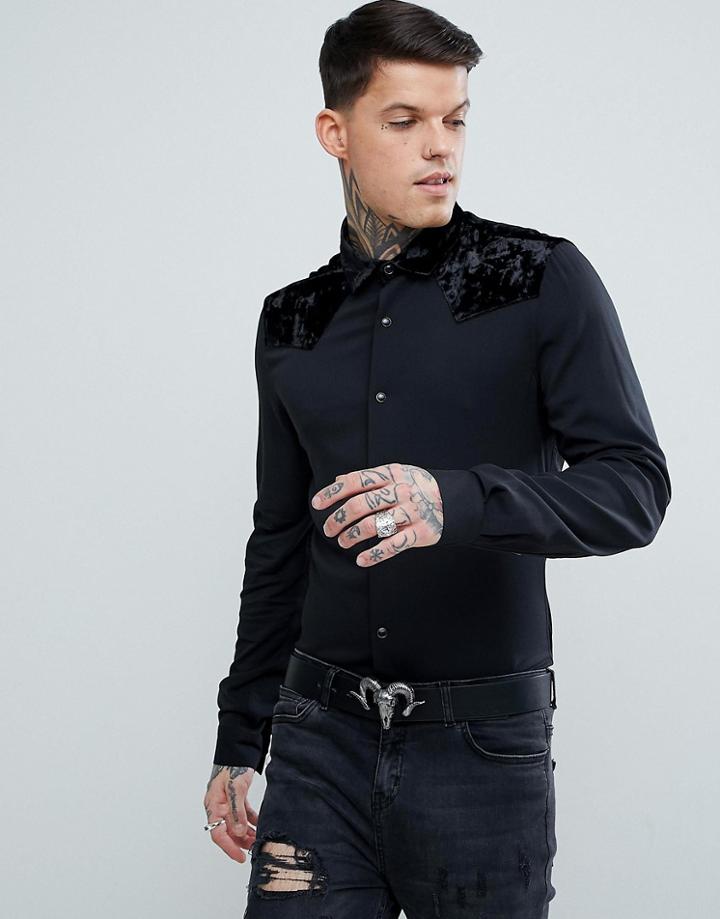 Asos Skinny Viscose Shirt With Velvet Detail - Black