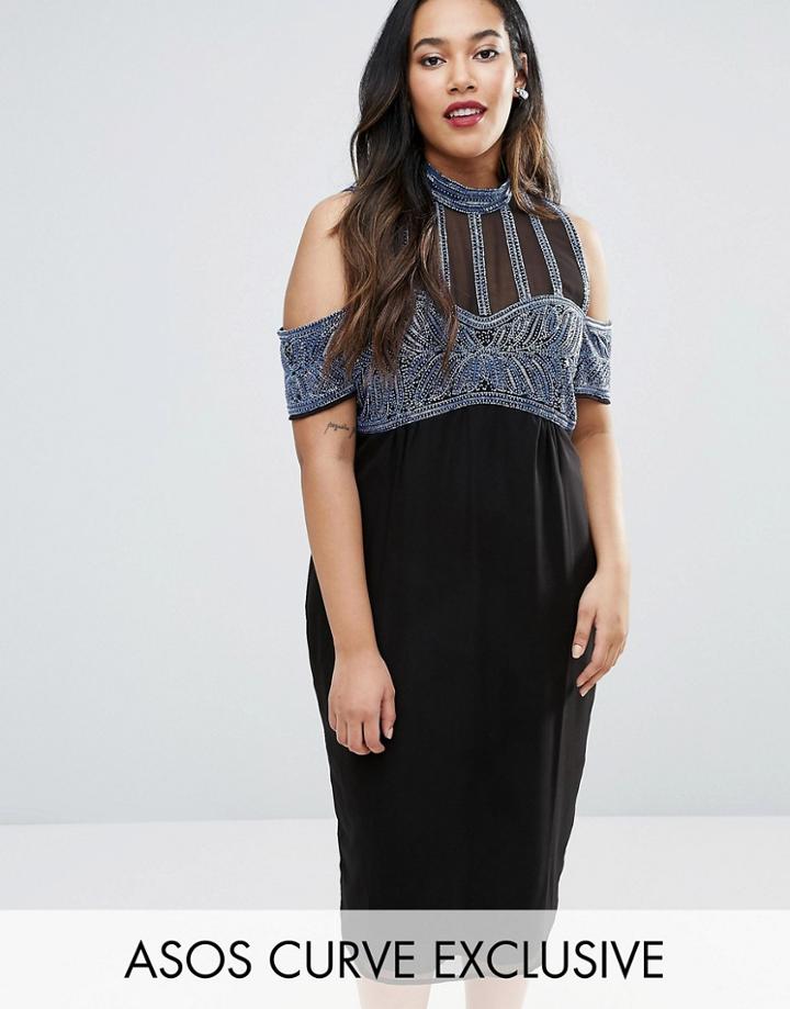 Asos Curve Embellished Stripe High Neck Cold Shoulder Midi Dress - Multi