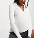 Asos Design Maternity Fitted Polo In Rib With Long Sleeve In White