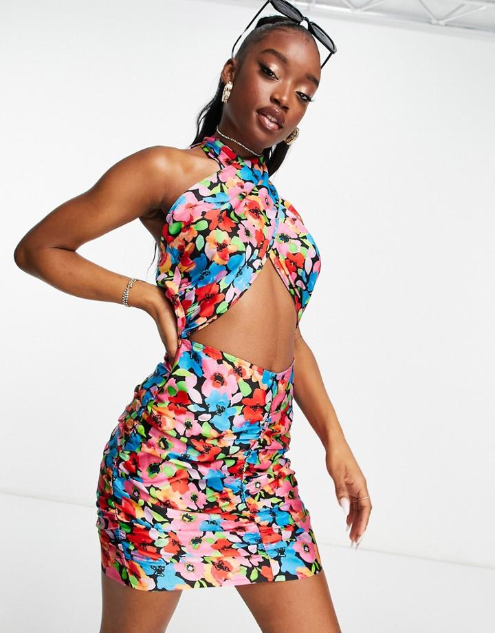 Asos Design Cross Neck Mini Beach Dress In Floral Print-multi