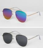 Asos Design Aviator Sunglasses 2pk In Silver Metal With Smoke Lens & Gold Metal With Flash Lens Save - Multi