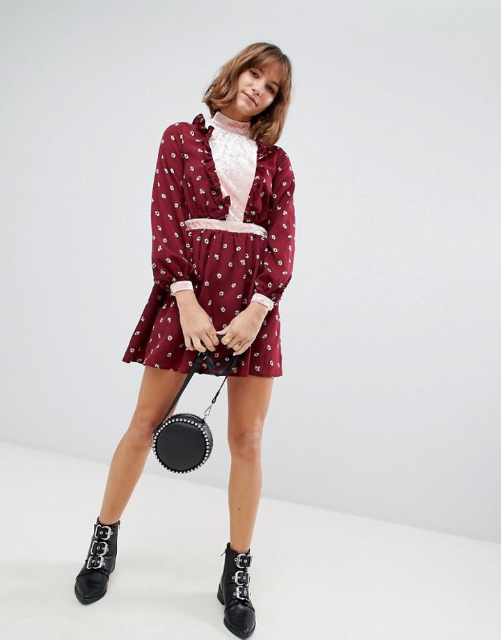 Glamorous High Neck Skater Dress In Boho Print With Velvet Insert