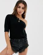 Asos Design One Shoulder Puff Sleeve Sweater - Black