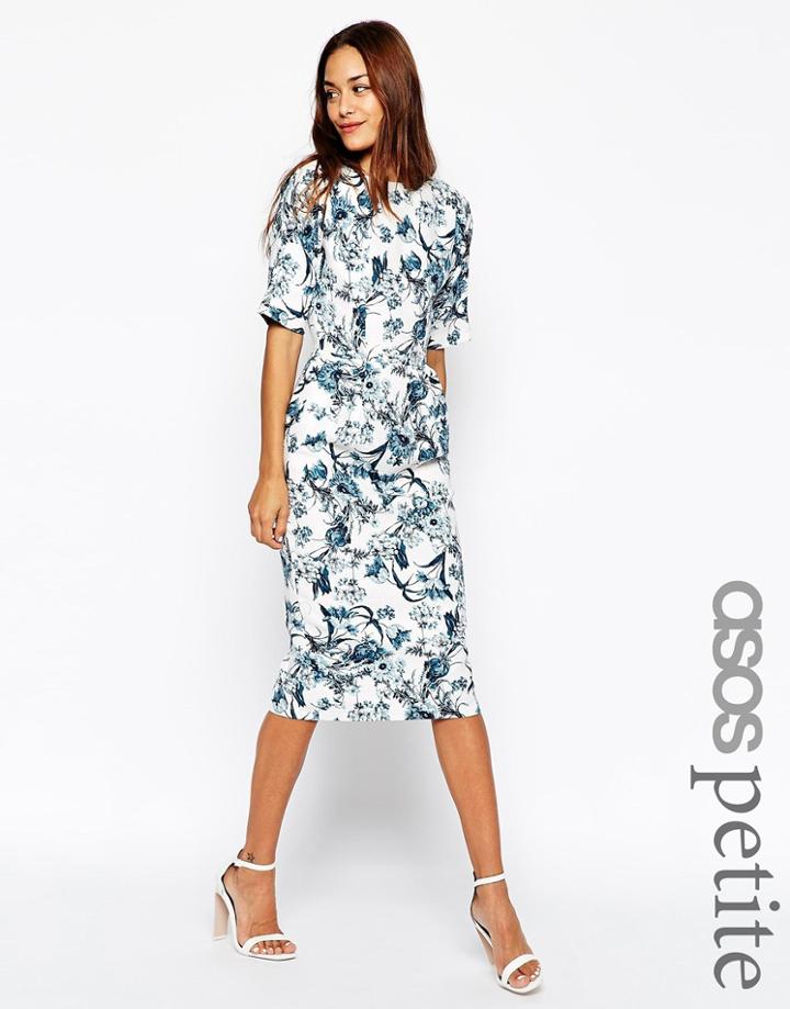 Asos Petite Wiggle Dress In Texture With Blue Floral Print - Print