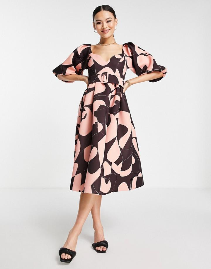 Asos Design Puff Sleeve Skater Dress With Belt In Abstract Print-multi