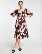 Asos Design Puff Sleeve Skater Dress With Belt In Abstract Print-multi