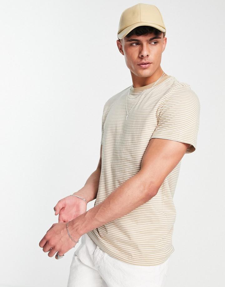 Selected Homme Organic Cotton Stripe T-shirt In Beige-neutral