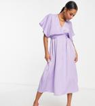 Flounce London Petite Kimono Sleeve Midi Dress In Lilac Satin-purple