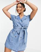 Asos Design Soft Denim Double Breasted Shirt Dress In Mid Wash Blue-blues