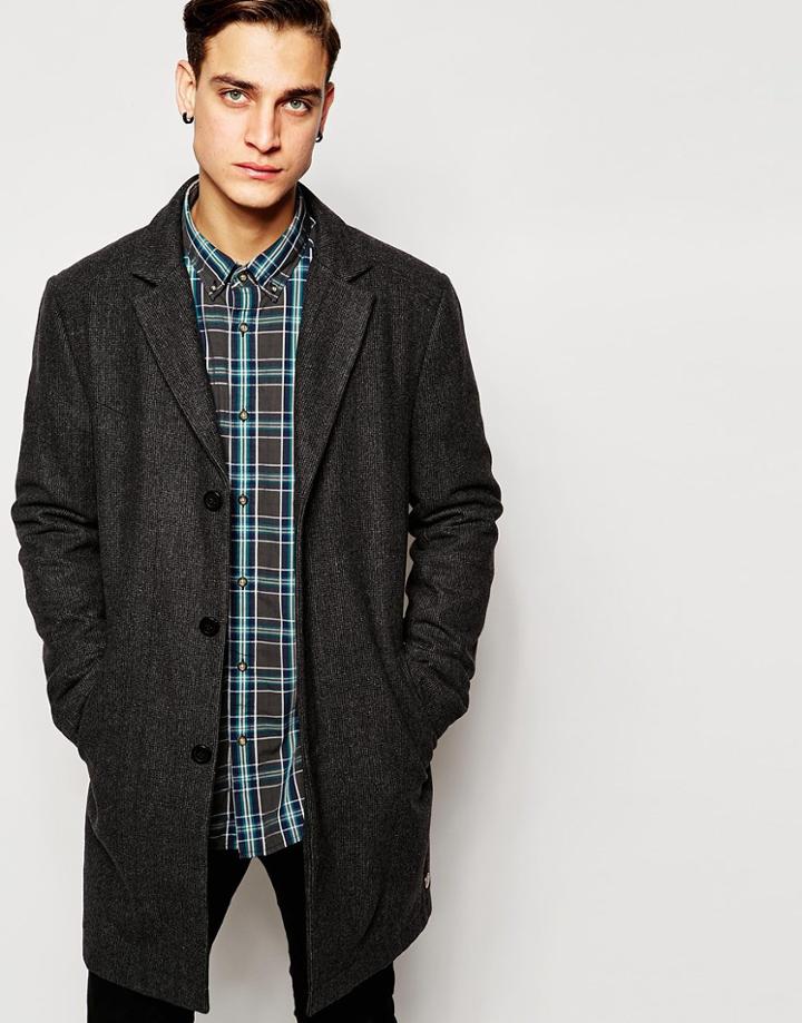 Esprit Dogtooth Wool Overcoat - Charcoal