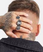 Asos Design 3 Pack Ring Set With Tiger Design And Stone Detail In Burnished Silver Tone