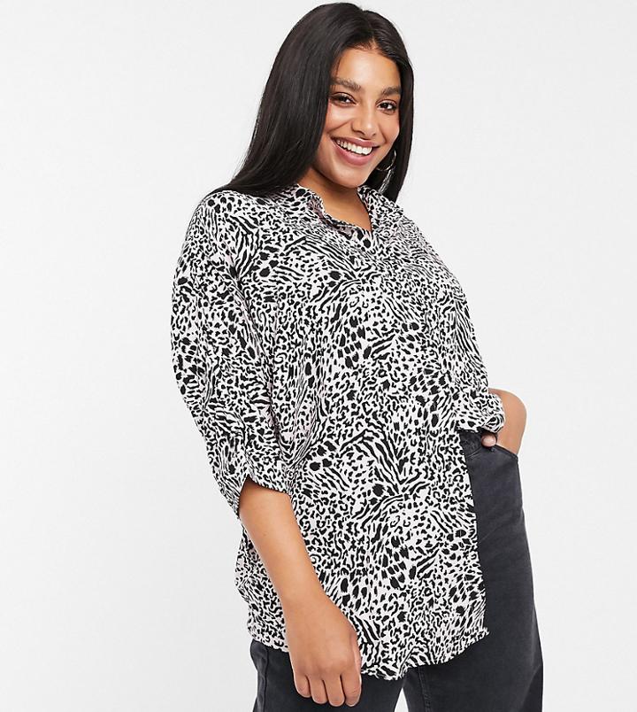 Asos Design Curve Long Sleeve Oversized Shirt In Leopard Print-multi