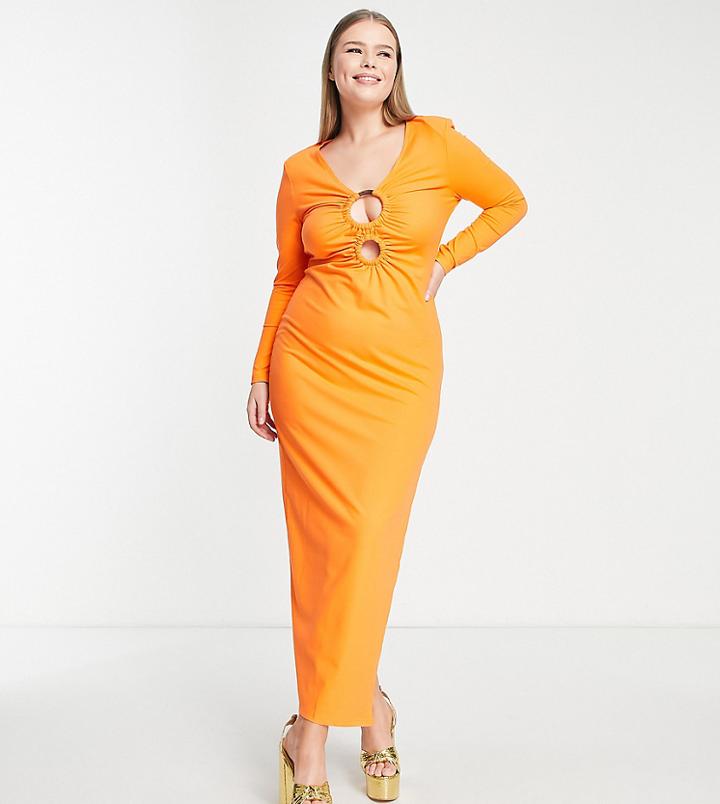 Simmi Plus Clothing Long Sleeve Bust Detail Maxi Dress In Orange