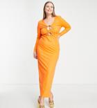 Simmi Plus Clothing Long Sleeve Bust Detail Maxi Dress In Orange