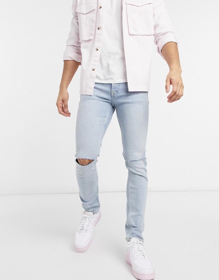 Topman Organic Cotton Blend Stretch Skinny Jeans With Knee Rips In Bleach Wash-blues
