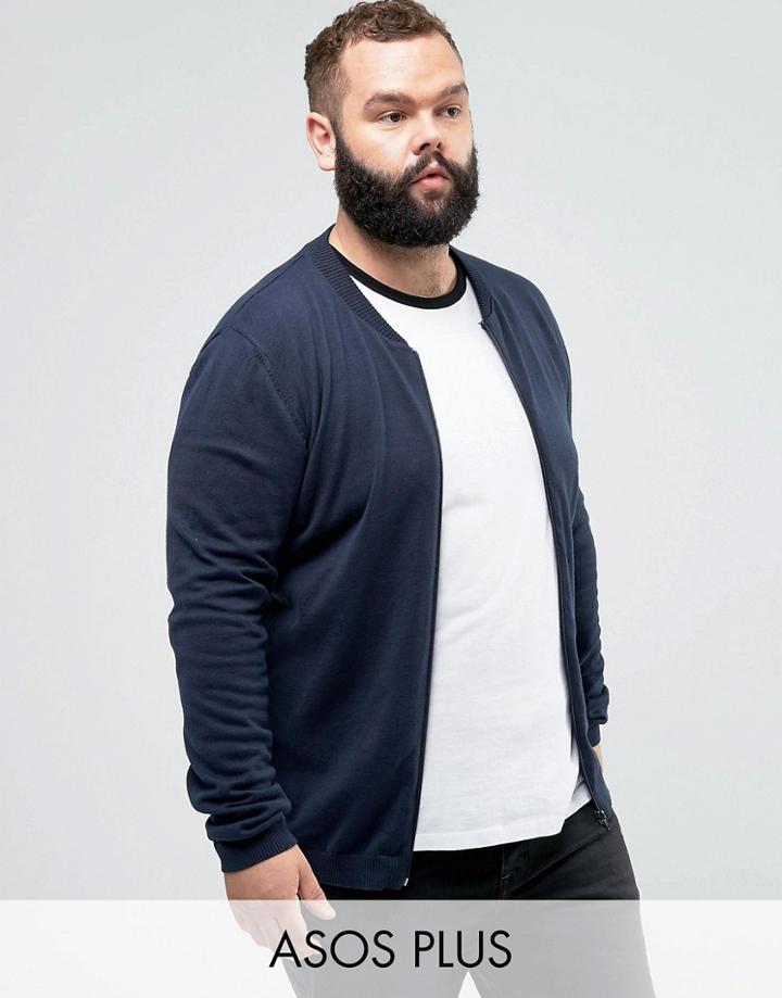 Asos Plus Knitted Muscle Fit Bomber Jacket In Navy - Navy