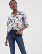 Asos Design Long Sleeve Longline Shirt In Bright Abstract Print - Multi