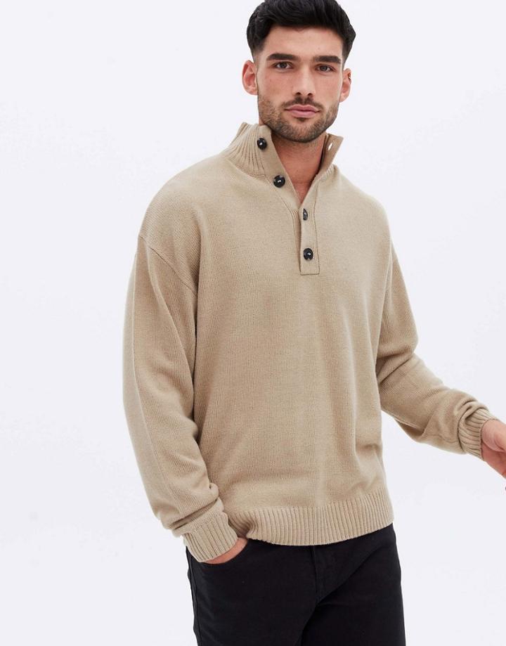 New Look Relaxed Funnel Neck Sweater With Button Detail In Stone-neutral
