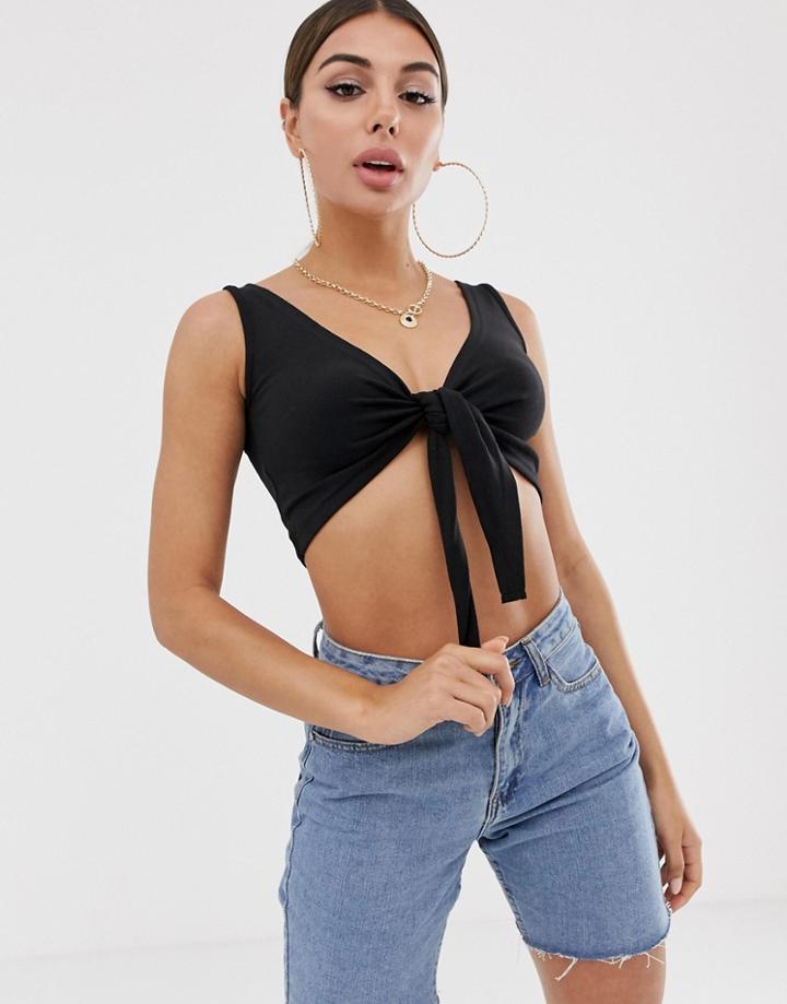 Missguided Tie Front Crop Top In Black - Black