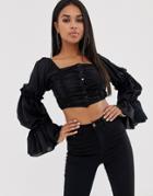 Club L Square Neck Pleated Ruffle Top In Black - Black