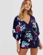 Influence Wrap Front Romper In Tropical Floral Print - Navy