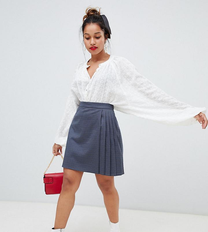 Glamorous Petite Mini Skirt With Pleated Side In Prince Of Wales Check-navy