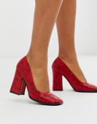 Truffle Collection Square Toe Block Heeled Shoe In Red Snake