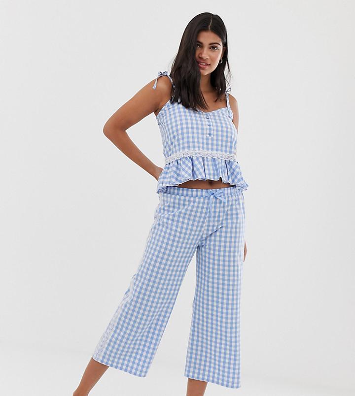 Hey Peachy Cami Ruffle Gingham Pyjama Set In Blue