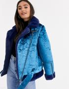 Asos Design Velvet Biker Jacket In Blue