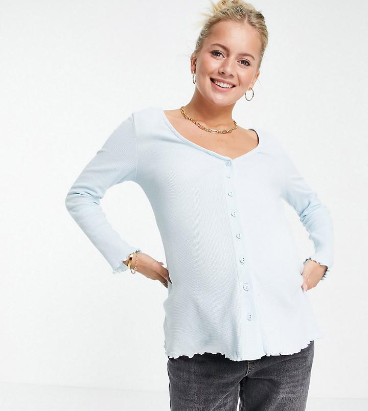 Asos Design Maternity Button Front Top In Waffle In Blue-blues