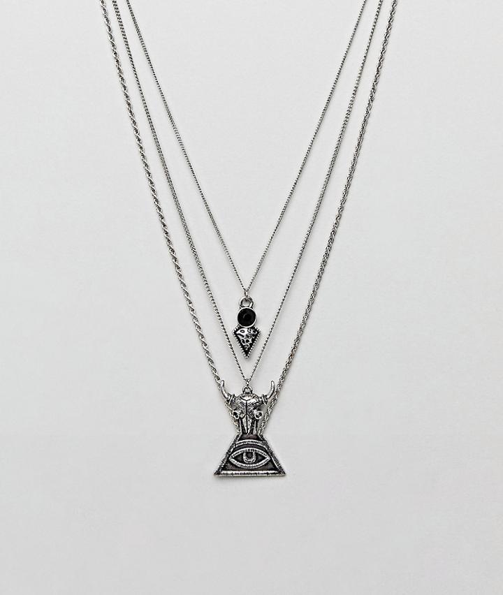 Asos Layered Necklace In Burnished Silver With Ram And Eye Pendants - Silver