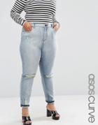 Asos Curve Farleigh Mom Jean In Annabelle Wash With Busted Knees - Blu