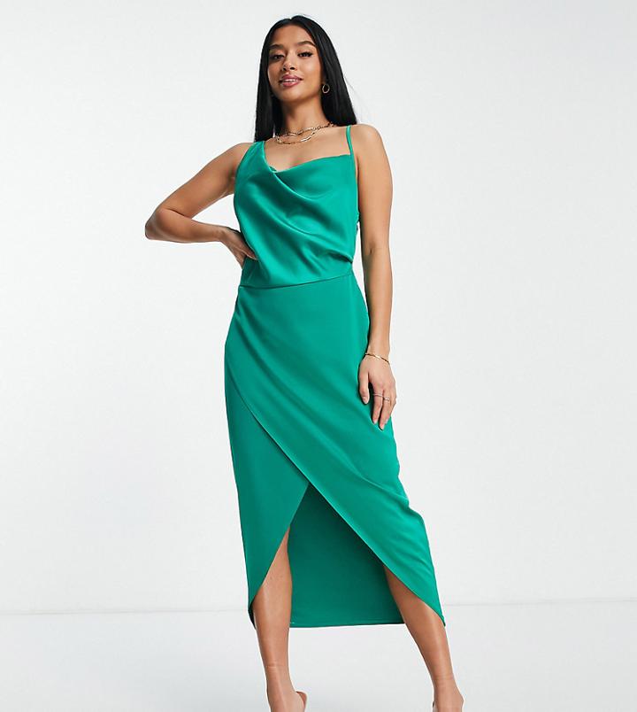 Missguided Petite Asymmetric Drape Dress In Jade Green Satin