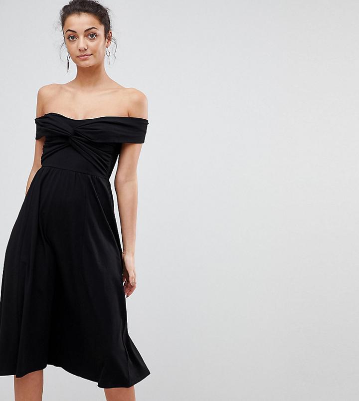Asos Tall Bardot Skater Midi Dress With Knot Front Detail - Black