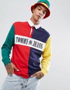 Tommy Jeans 90's Capsule Rugby Polo Long Sleeve Color Block In Navy/red - Multi