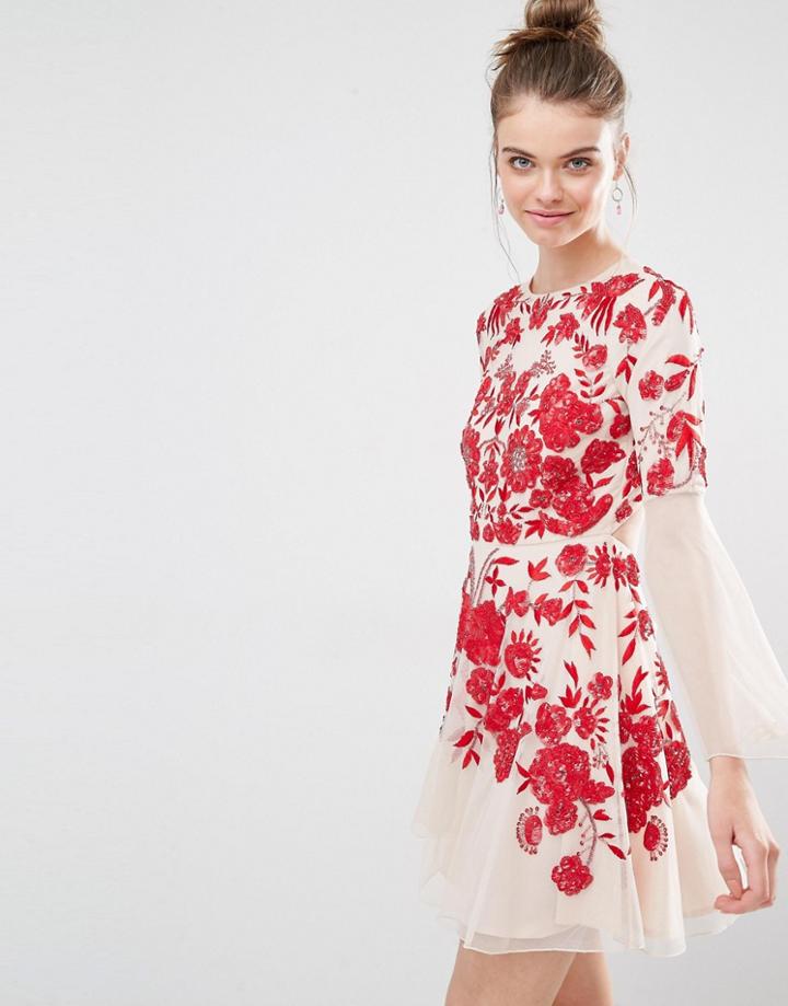 Frock And Frill Embroidered Beaded Skater Dress With Fluted Sleeve