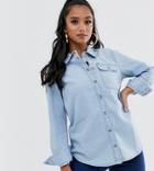 Asos Design Petite Denim Shirt With Pocket In Midwash Blue - Blue