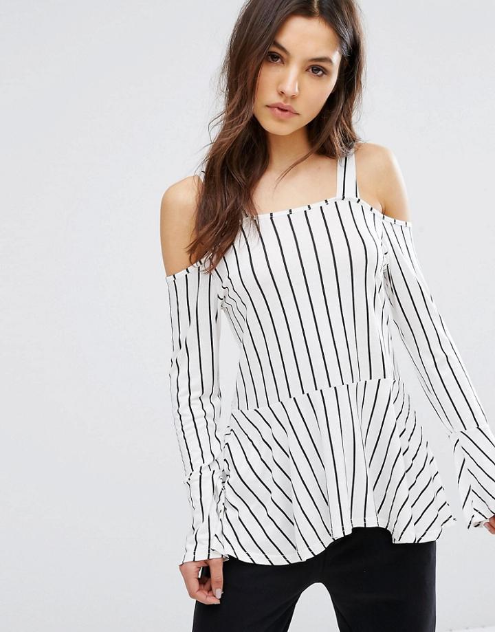 Daisy Street Striped Cold Shoulder Top With Flare Sleeve - Multi