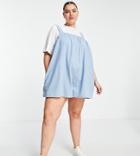 Asos Design Curve Soft Denim Smock Romper In Lightwash-blue