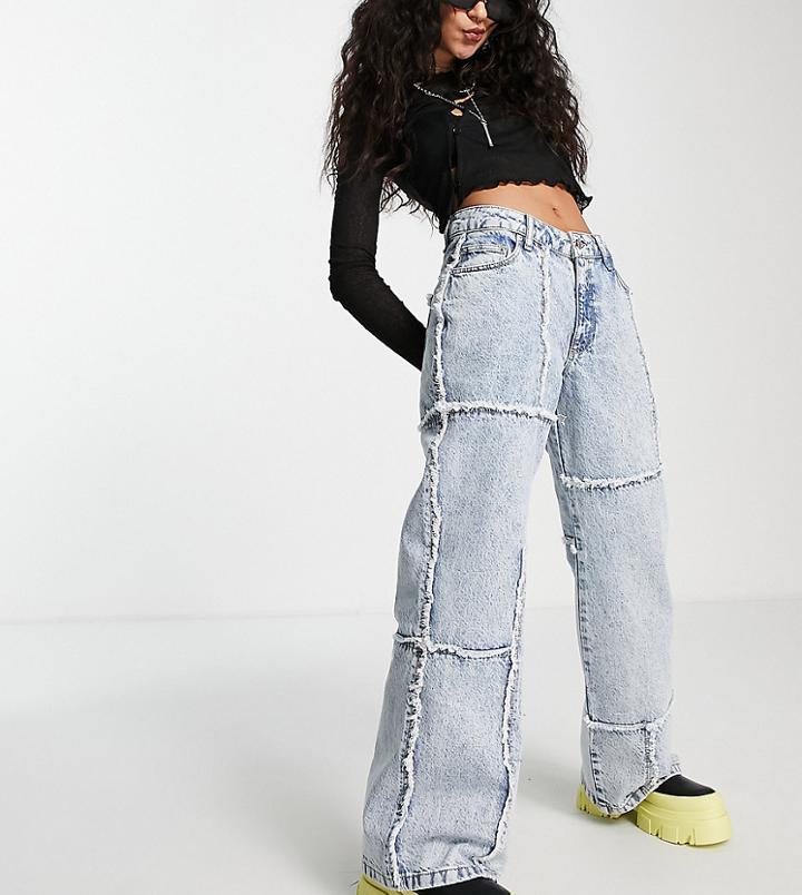 Asos Design Petite Cotton Blend Relaxed Dad Jean With Frayed Patchwork - Lblue