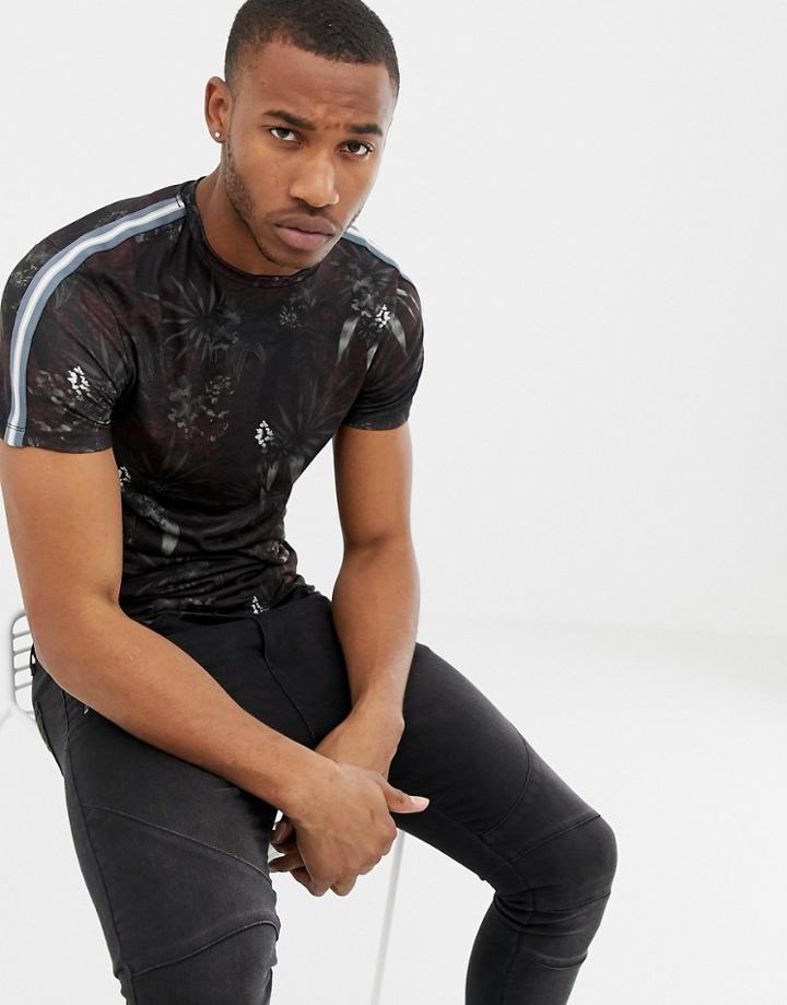 River Island Muscle Fit T-shirt With Sleeve Stripes In Dark Floral Print-black