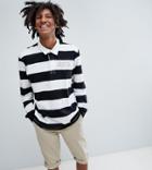 Pull & Bear Exclusive Long Sleeved Striped Polo Top In Black And White With Logo - Black