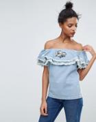 Chorus Stone Wash Denim Off Shoulder Ruffle Embroidered Top - Blue