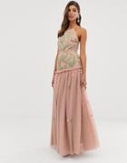Asos Edition Meadow Floral Embroidered & Sequin Maxi Dress With Open Back - Pink