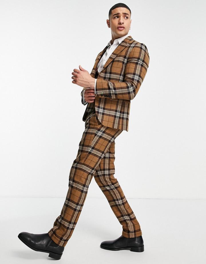 Twisted Tailor Suit Jacket In Brown Tartan Check
