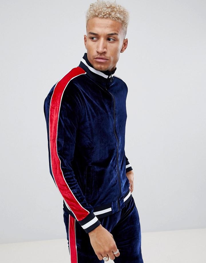 Night Addict Velvet Paneled Zip Thru Tracksuit Jacket-navy