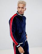 Night Addict Velvet Paneled Zip Thru Tracksuit Jacket-navy