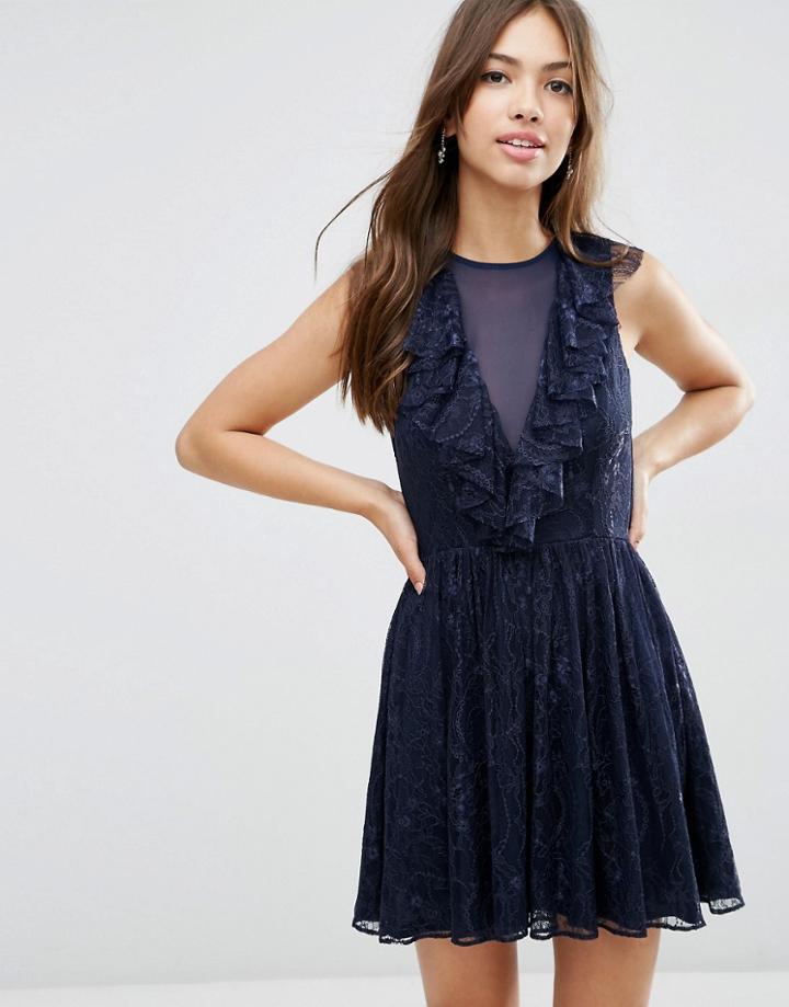 Asos Ruffle Front Lace Mini Skater Dress - Navy