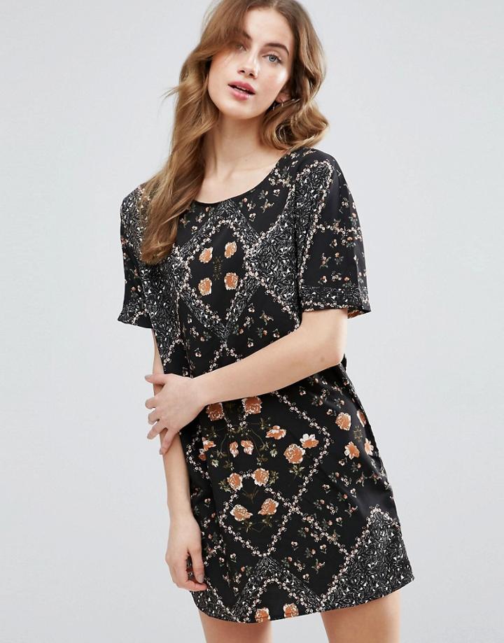 Vila Floral Short Sleeve Shift Dress - Black