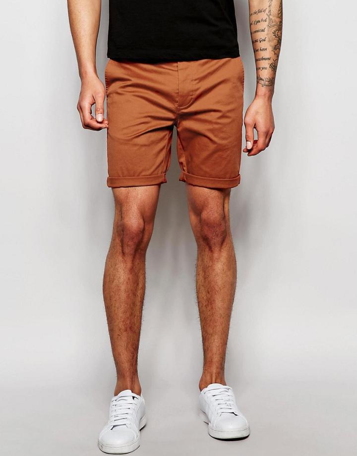 Asos Slim Chino Shorts In Brown - Leather Brown